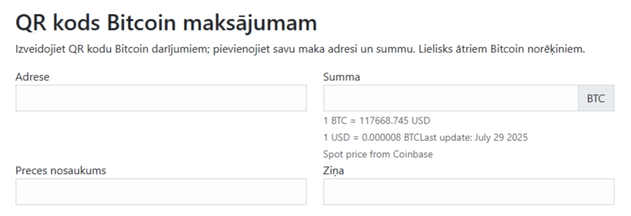 Bezmaksas QR koda ģenerators Bitcoin maksājumiem – formas piemērs