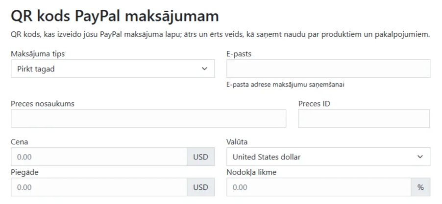 Bezmaksas QR koda ģenerators PayPal maksājumiem – formas piemērs