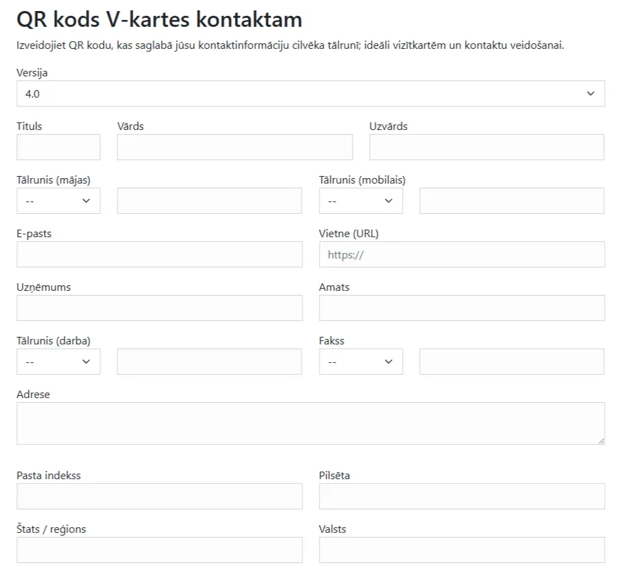 Bezmaksas QR koda ģenerators V‑kartes kontaktam – formas piemērs