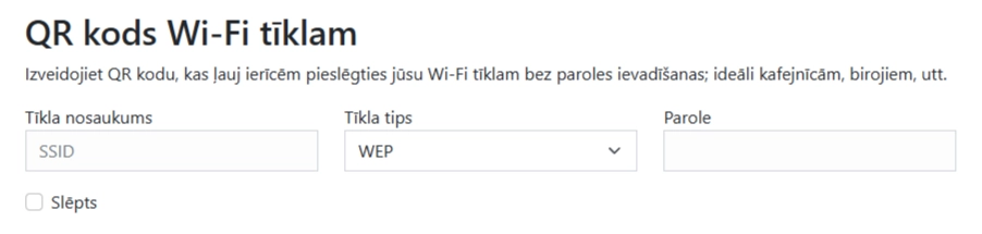 Bezmaksas QR koda ģenerators Wi‑Fi – formas piemērs